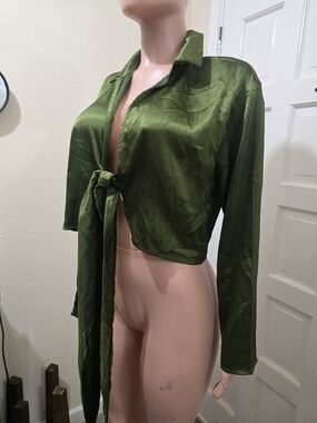 Ro & De Olive Green Satin Tie-Front Button Down